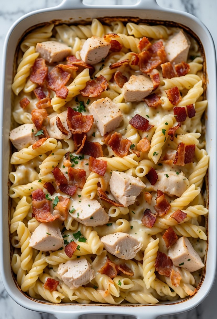 Close-up of a creamy chicken carbonara pasta bake with melted cheese and crispy bacon on a white marble countertop.