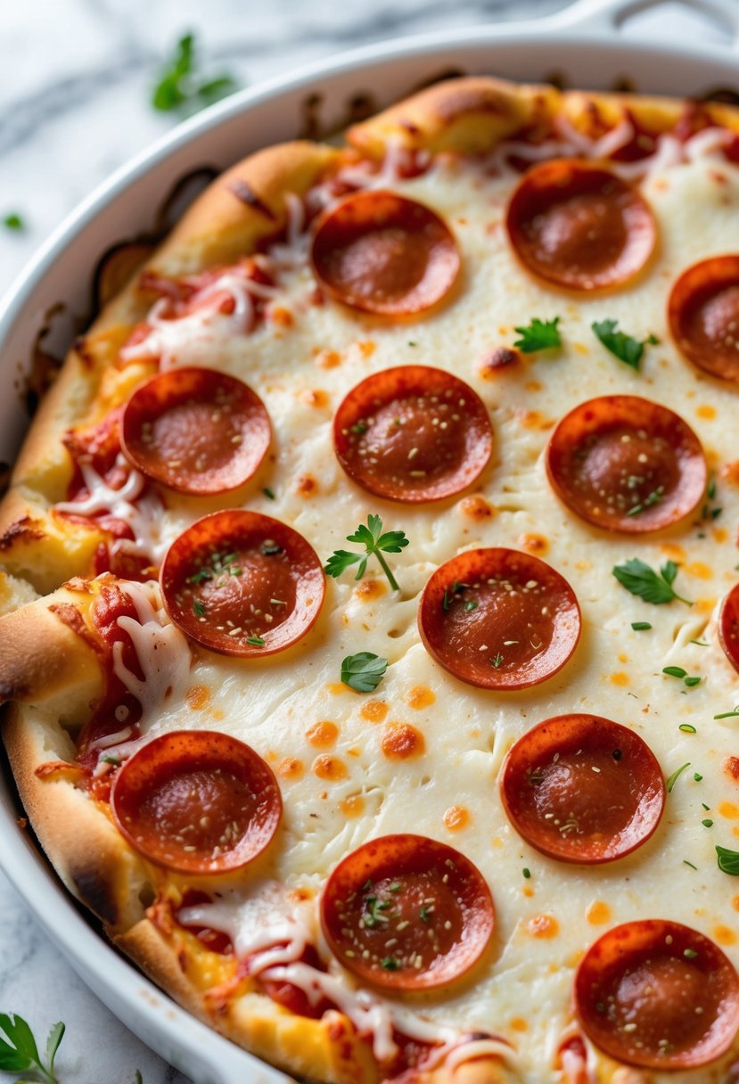 Close-up view of a pizza casserole with melted cheese, tomato sauce, and pepperoni on a white marble countertop.