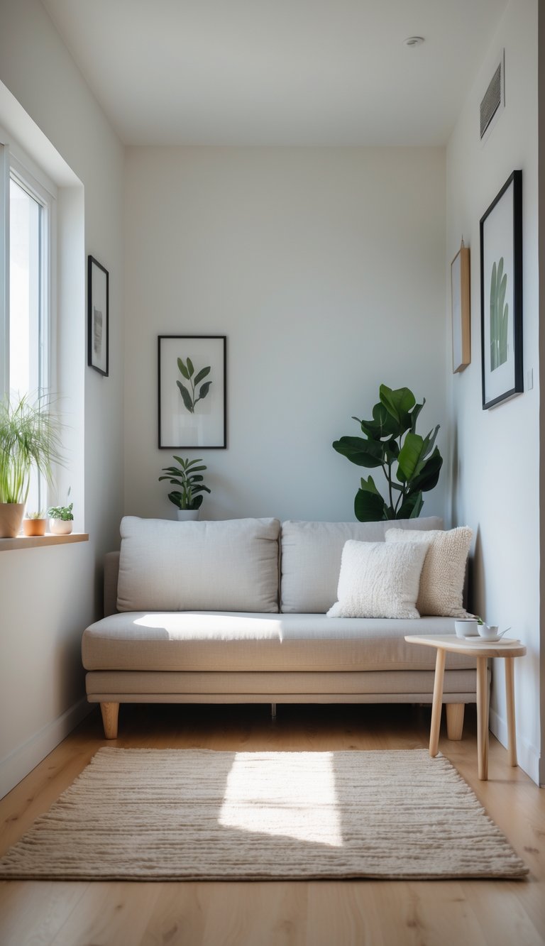 A small living room with a straight couch pulled slightly away from the wall, a coffee table, a rug, and decorative plants.
