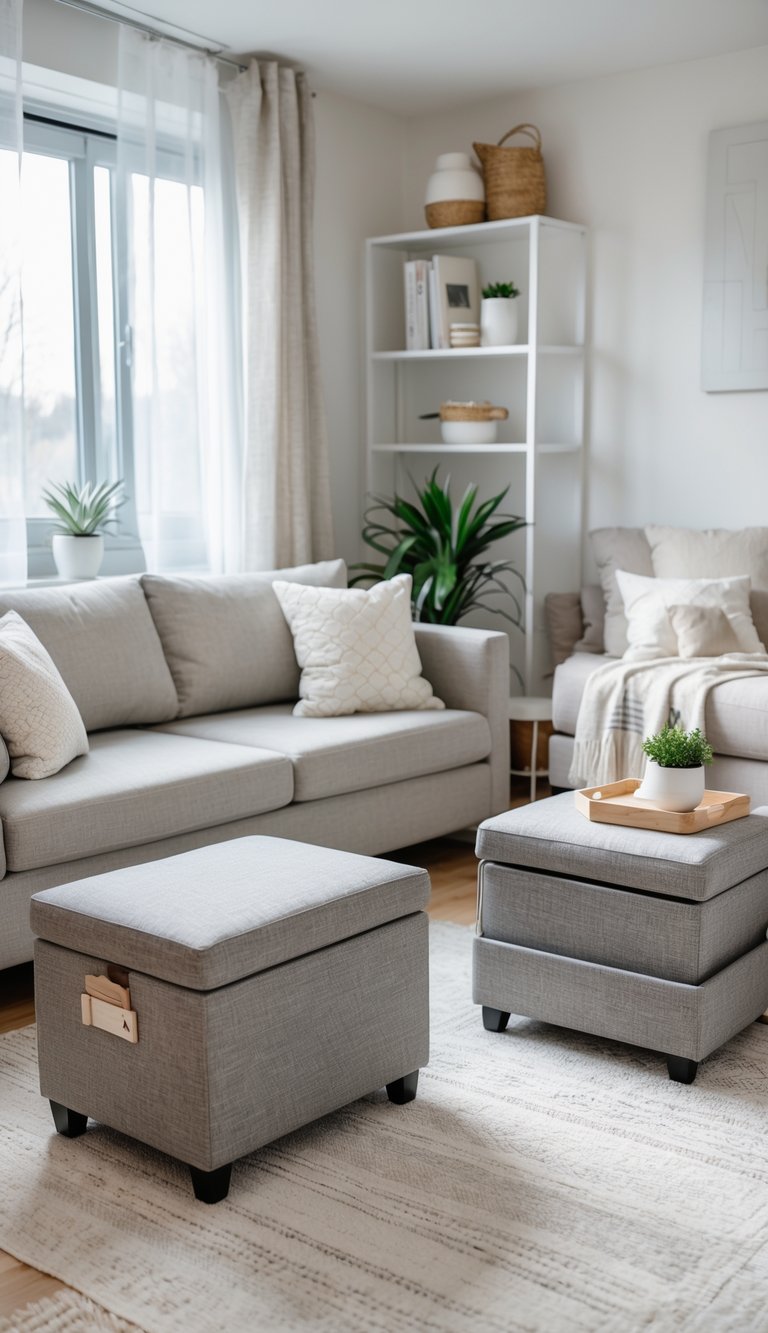 Small living room with storage ottomans used as seating and storage, a compact sofa, coffee table, and natural light from a window.