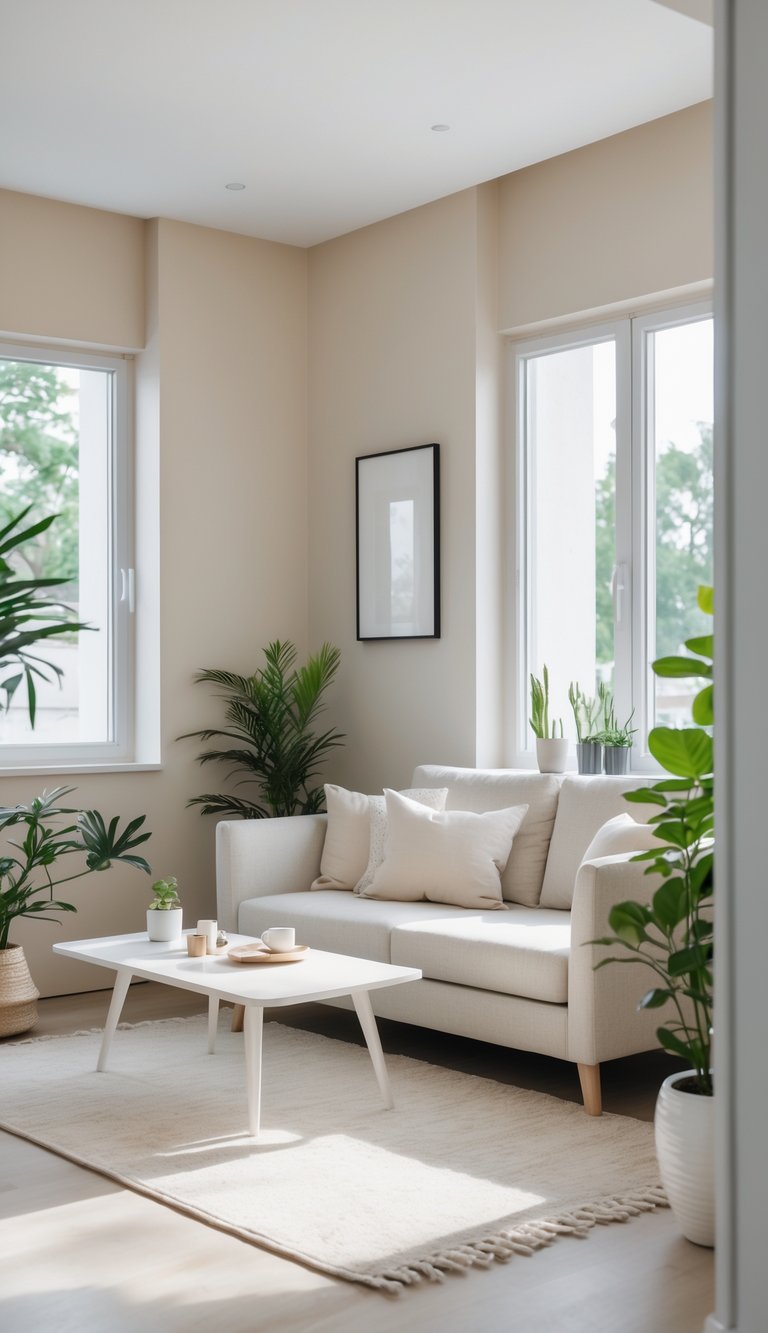 A small living room with light-colored walls, a sofa, coffee table, large window, and plants.