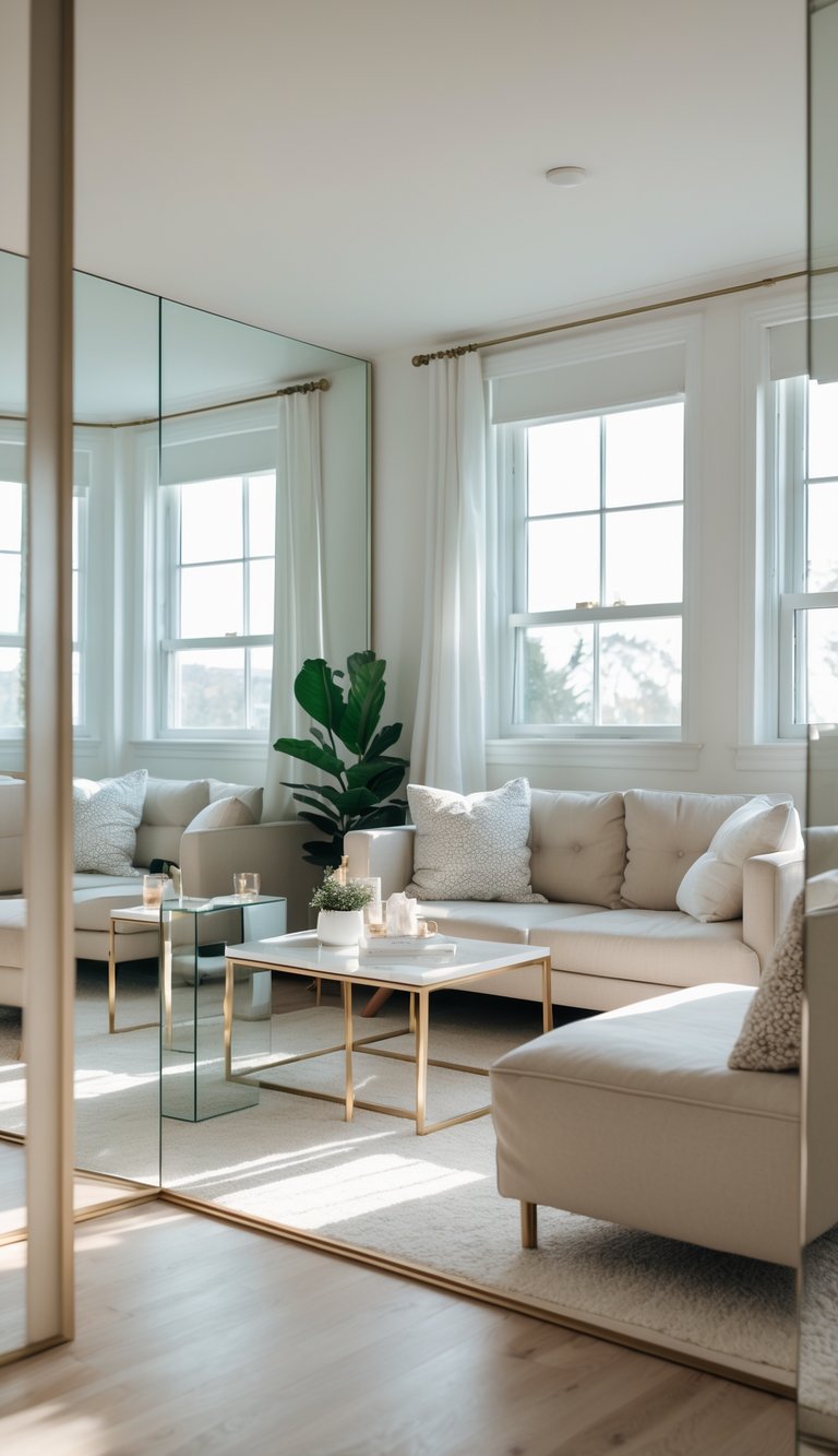 A small living room with mirrors on the walls reflecting natural light, making the space appear larger and brighter.