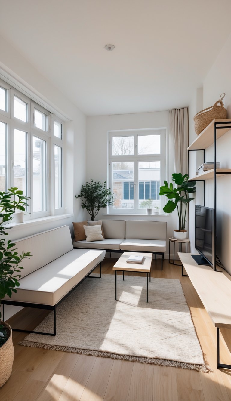 A small living room with compact furniture, natural light, and an open floor area.