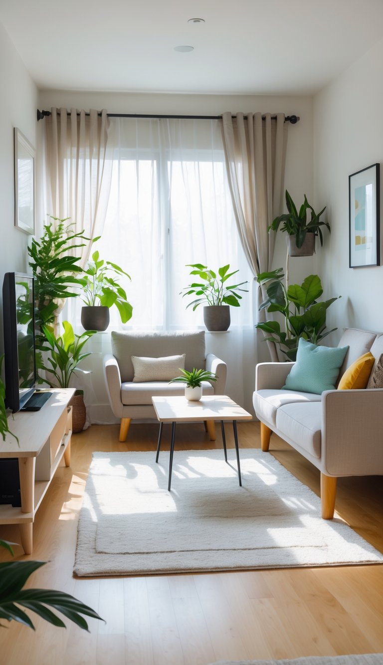 A small living room with a sofa, coffee table, plants, and natural light coming through large windows.