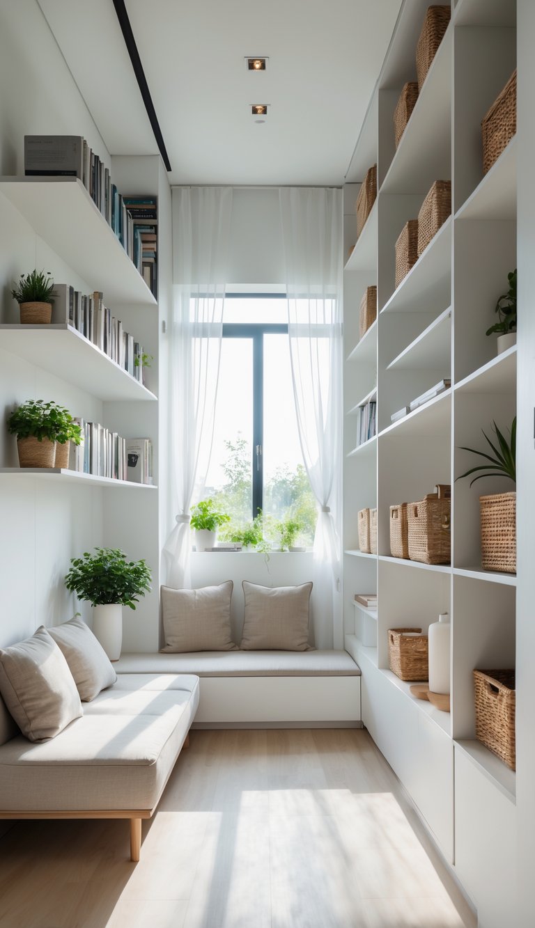 A small living room with tall wall-mounted shelves, a compact sofa, a coffee table, and natural light from a window.
