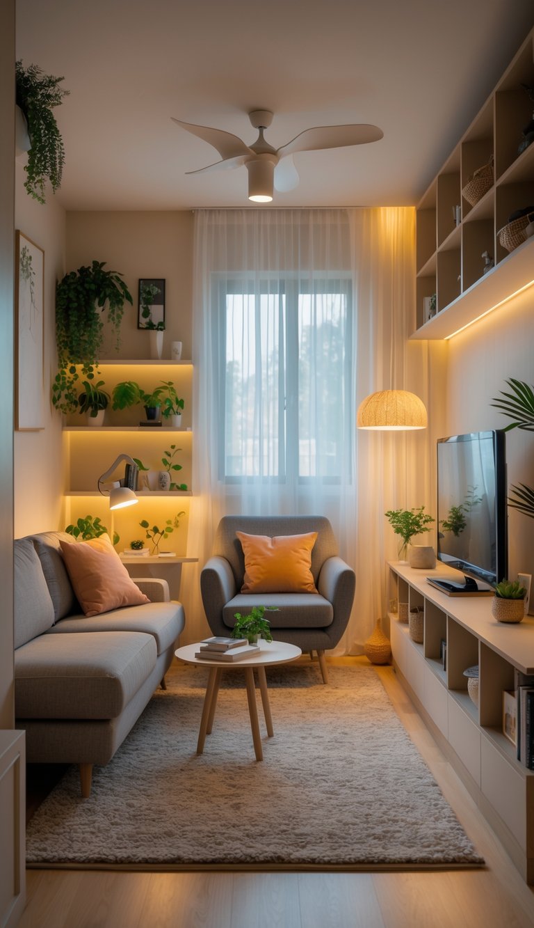 A small living room with layered lighting including ambient, task, and accent lights, furnished with a sofa, armchair, coffee table, shelves, and plants.