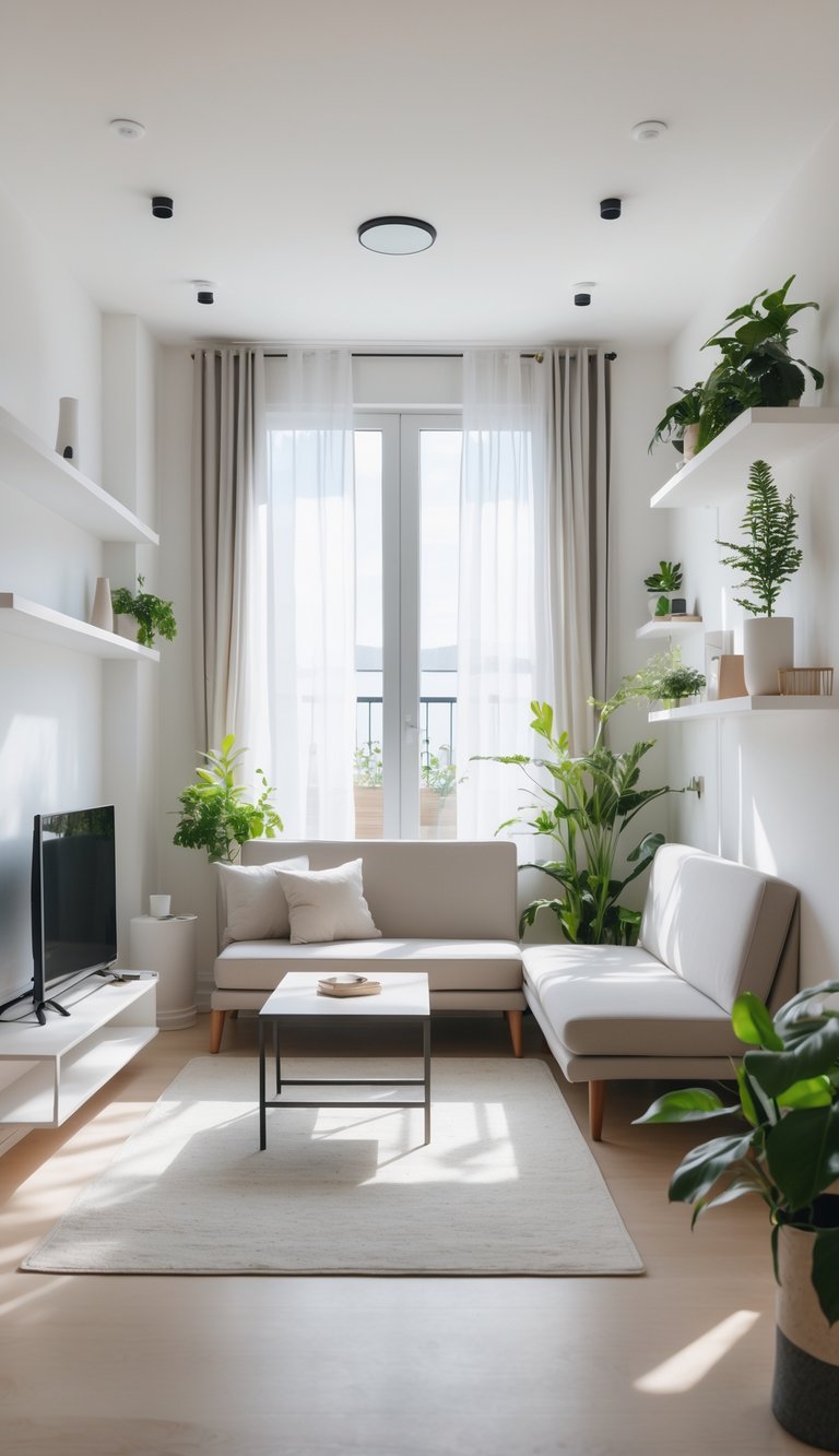 A small living room with minimalist furniture, natural light, and plants, appearing clean and spacious.