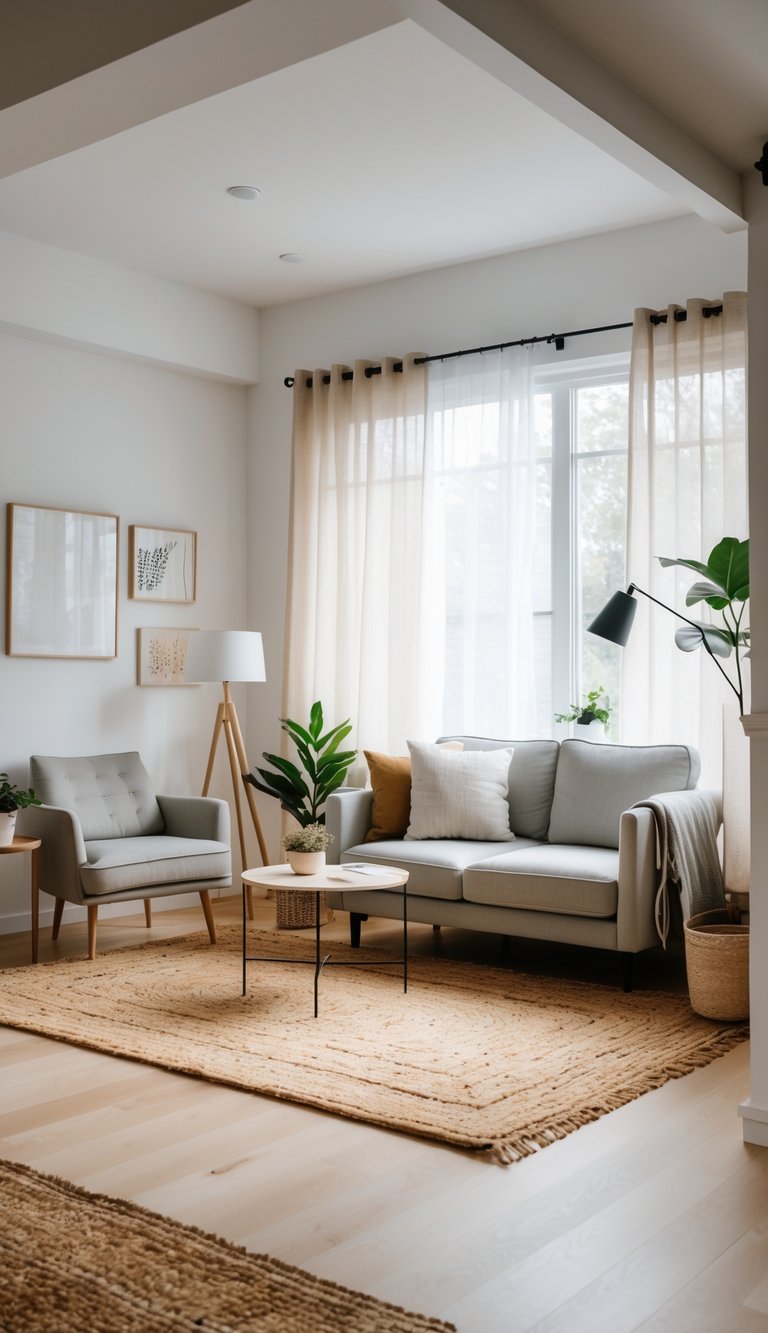 A small living room with rugs separating a seating area and a reading nook, featuring a sofa, armchairs, a floor lamp, and natural light from large windows.