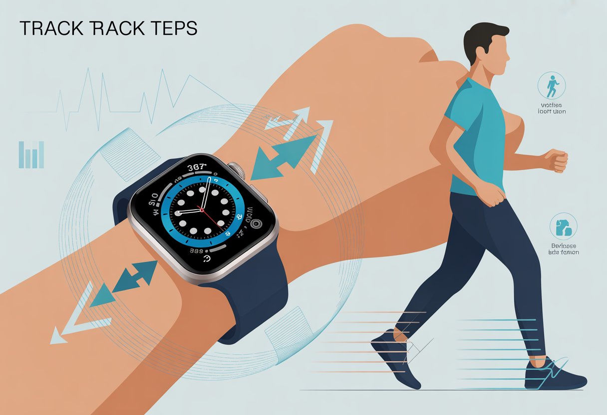 A smartwatch on a wrist with visible internal sensors detecting movement, alongside a walking figure with highlighted footsteps.