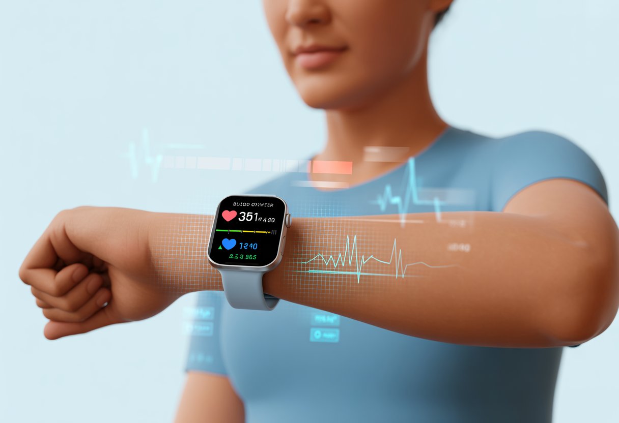 A person wearing a smartwatch on their wrist showing a blood oxygen level reading on the watch screen.
