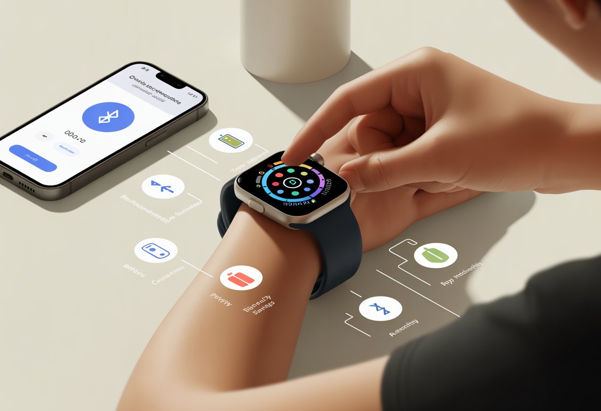 A person setting up a new smartwatch by interacting with its touchscreen while a smartphone nearby shows the pairing process.