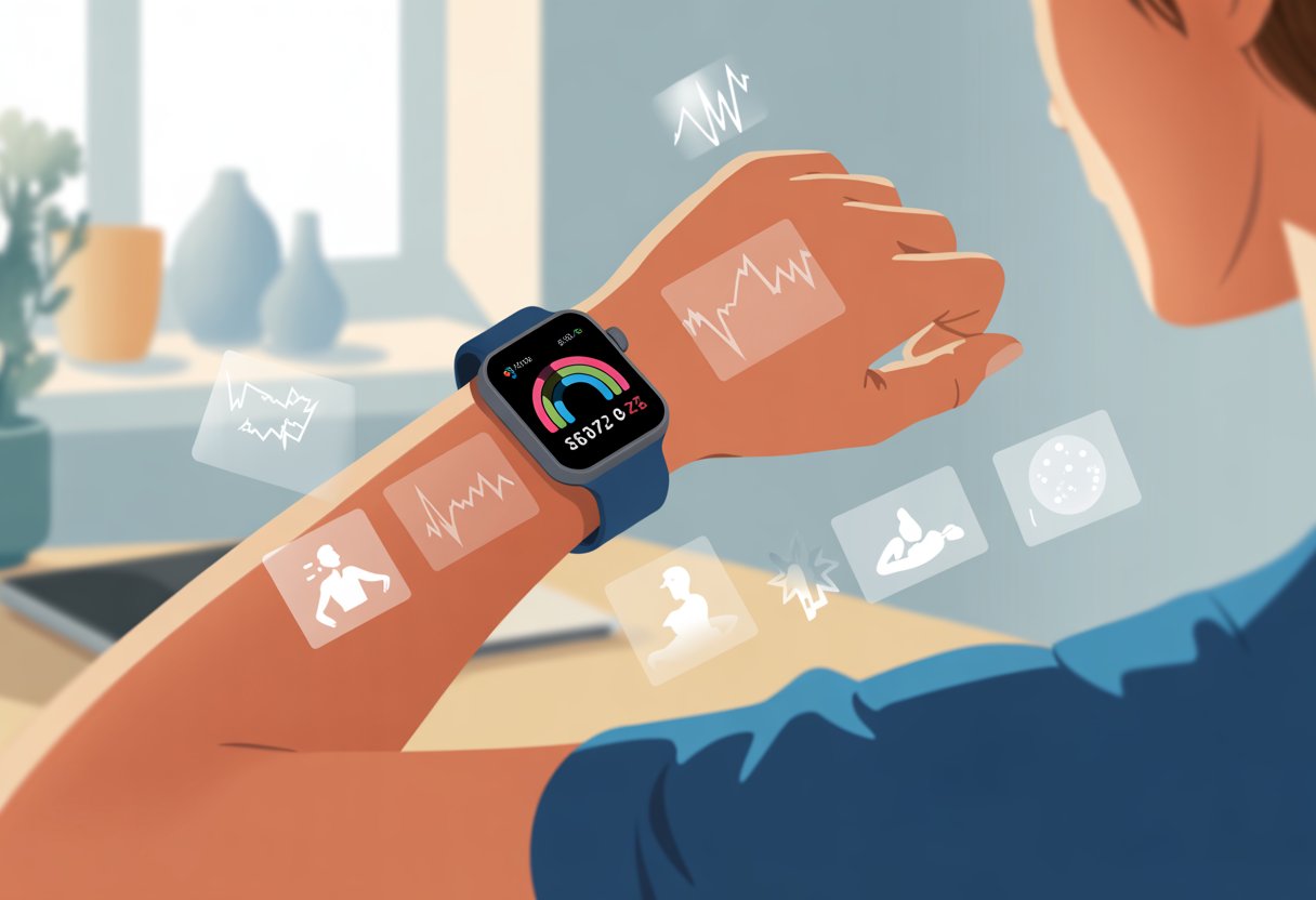 A person wearing a smartwatch that displays stress tracking information on the screen in a calm indoor setting.