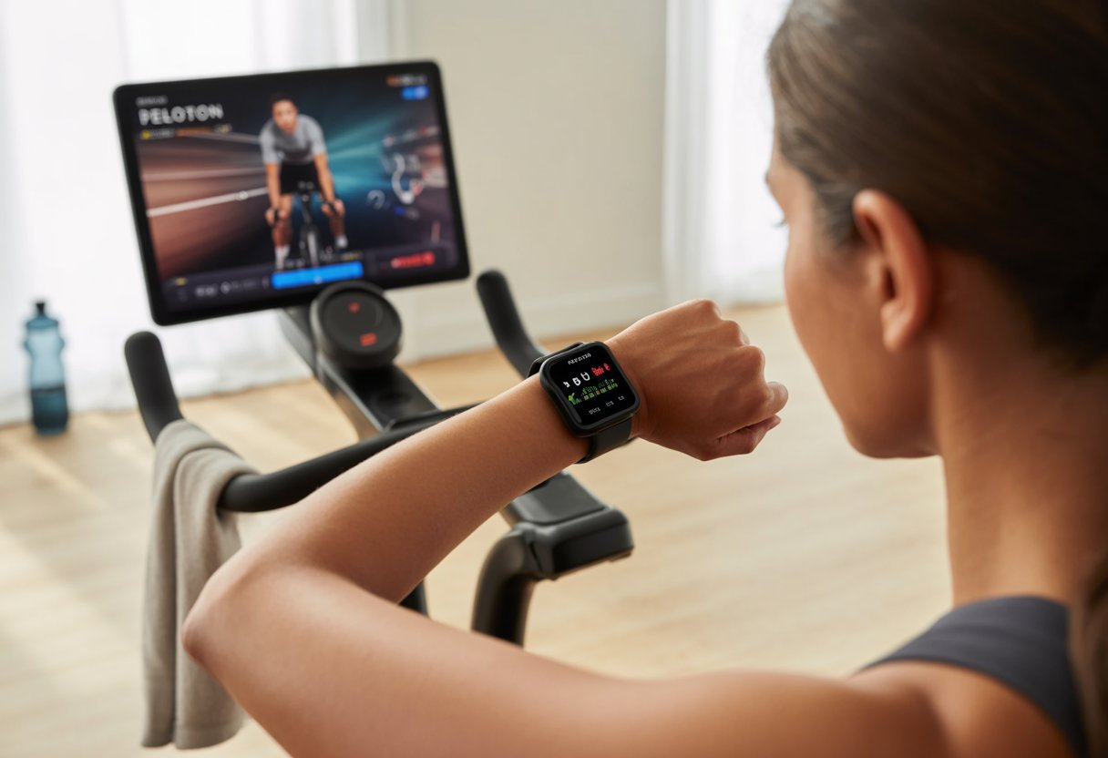 A person riding a Peloton bike indoors while checking their smartwatch displaying fitness data.