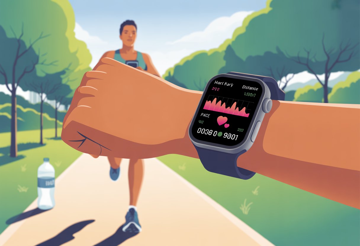 A person running outdoors wearing a smartwatch that displays running metrics on its screen.