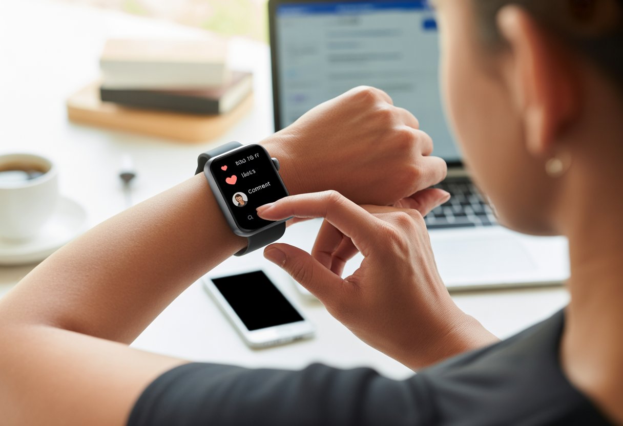 A person tapping a smartwatch screen showing social media icons and notifications in a modern workspace.