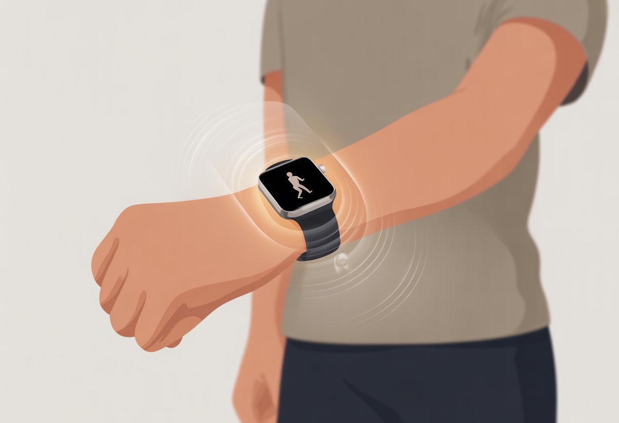A person wearing a smartwatch with a glowing icon indicating fall detection, shown in a safe indoor setting with subtle graphics illustrating the watch detecting a fall.