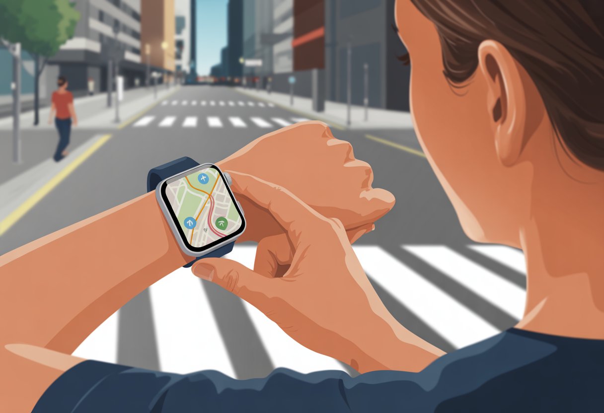 A person looking at a smartwatch on their wrist displaying a map with a route, standing in a city street.
