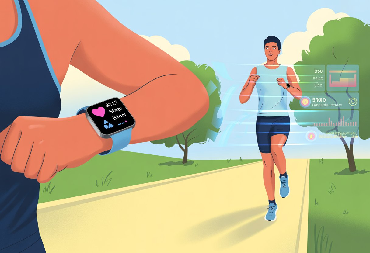 A person jogging outdoors wearing a smartwatch that displays fitness data and coaching features.
