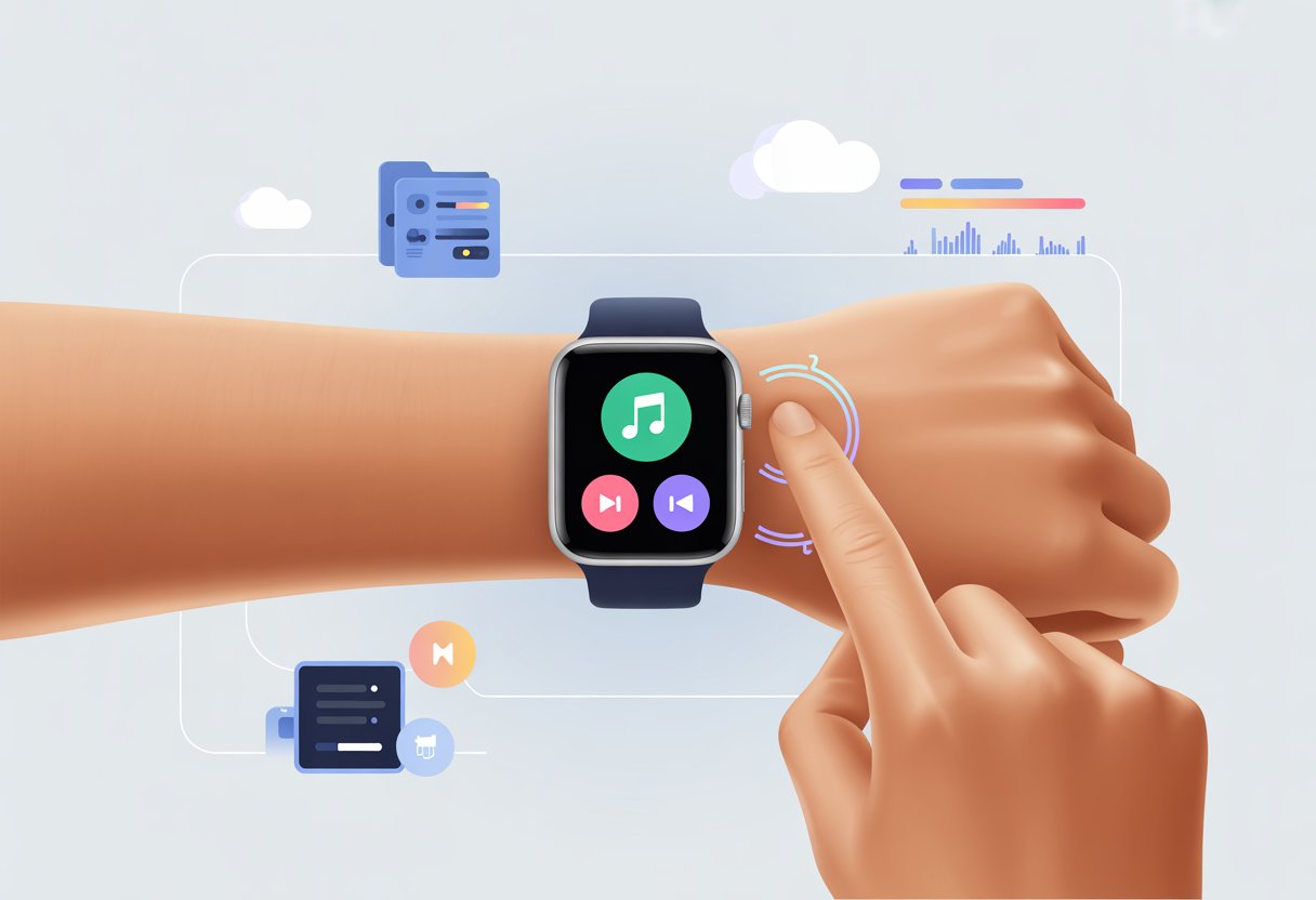 A person wearing a smartwatch interacts with the screen, which shows music icons and digital music files floating around.