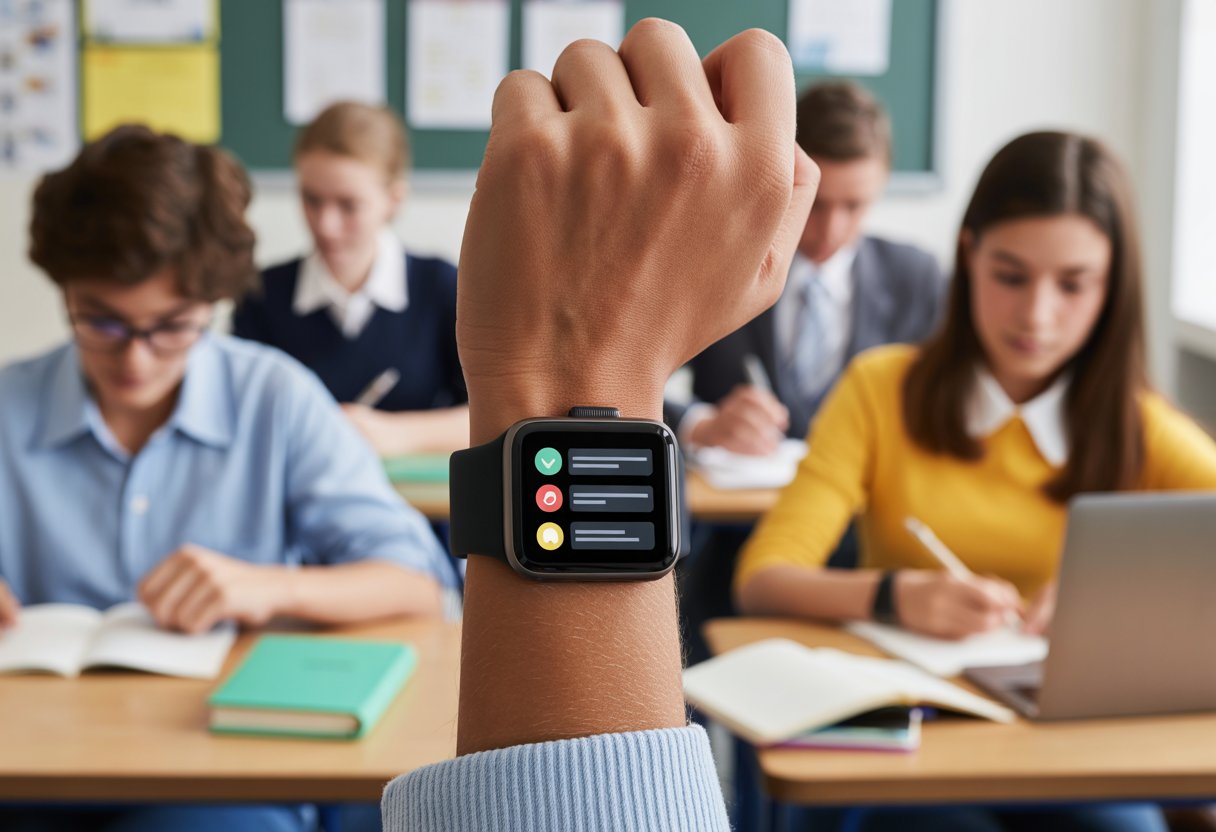 Students in a classroom with one student wearing a smartwatch showing school notifications on the screen.