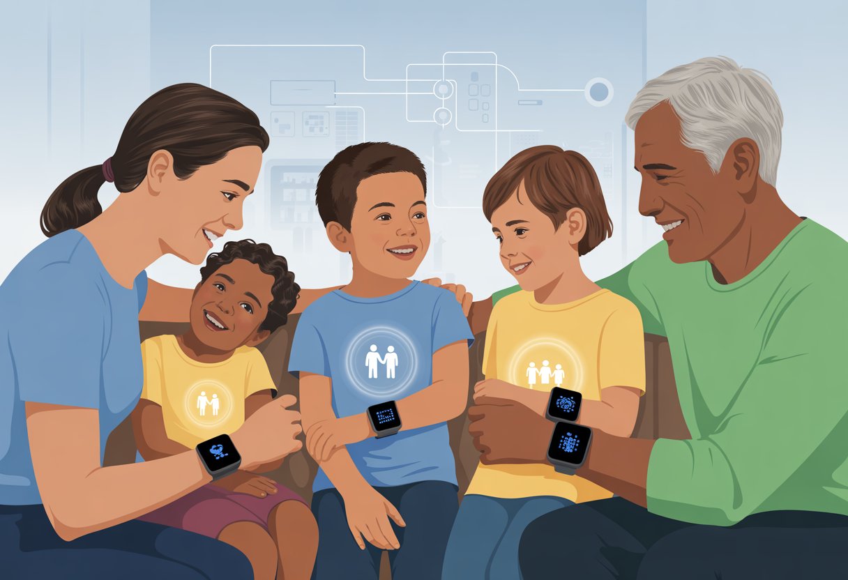 A family wearing smartwatches, smiling and interacting together in a living room, with glowing icons on the watches symbolizing sharing and connectivity.
