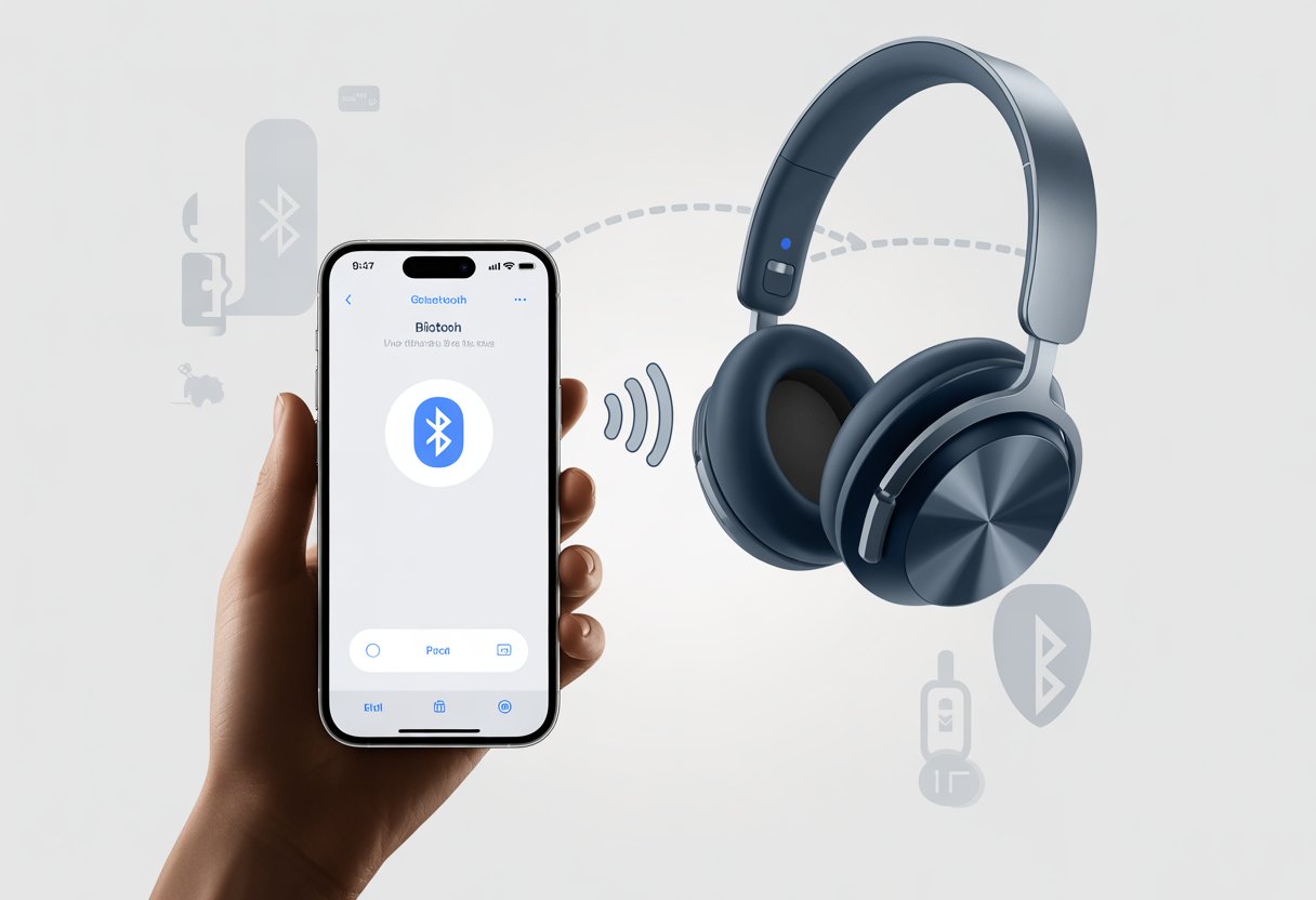 An iPhone showing Bluetooth settings and a pair of wireless headphones nearby with a glowing indicator light, connected by a visual signal.