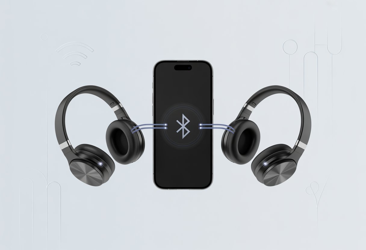 A smartphone wirelessly connected to two pairs of Bluetooth headphones, one on each side.