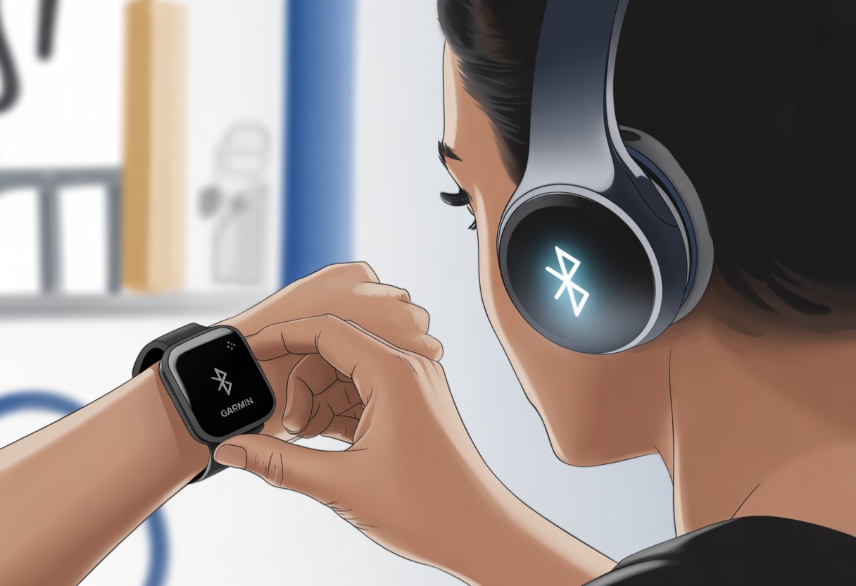 A person holding a Garmin smartwatch showing a Bluetooth icon near a pair of Bluetooth headphones, illustrating the pairing process.