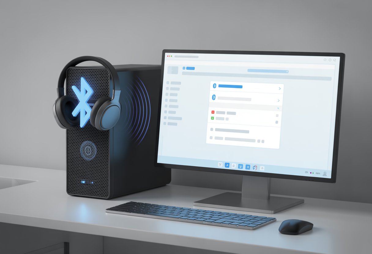 A desktop PC setup with wireless Bluetooth headphones connected, showing wireless signals between the headphones and the PC.