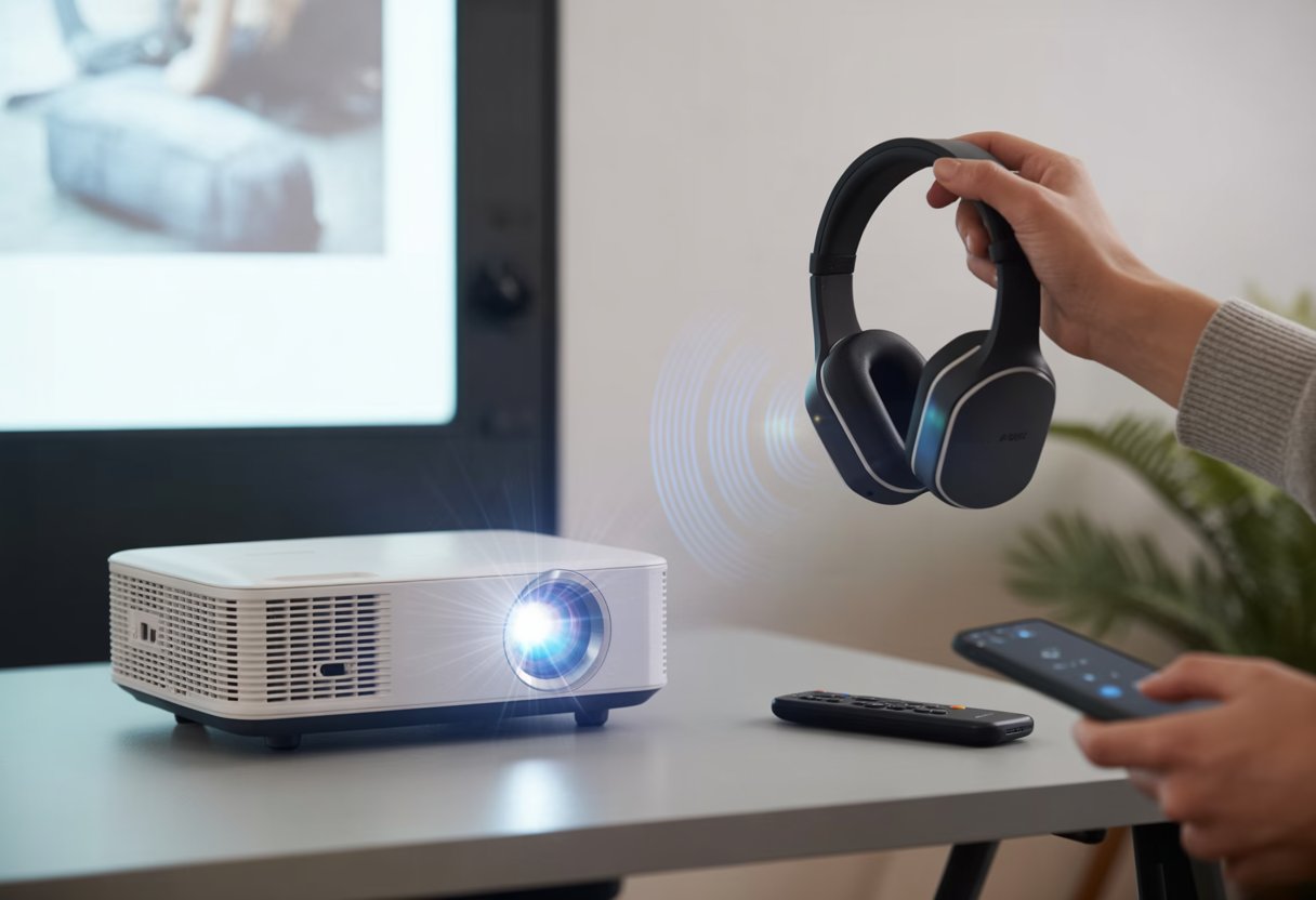 A person holding Bluetooth headphones near a projector projecting an image onto a screen, with wireless connection signals shown between the devices.