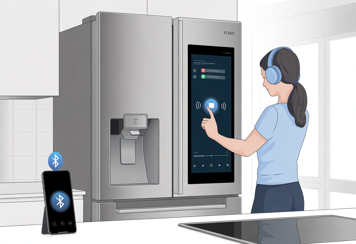 Person wearing Bluetooth headphones using a smart refrigerator with a touchscreen in a kitchen.