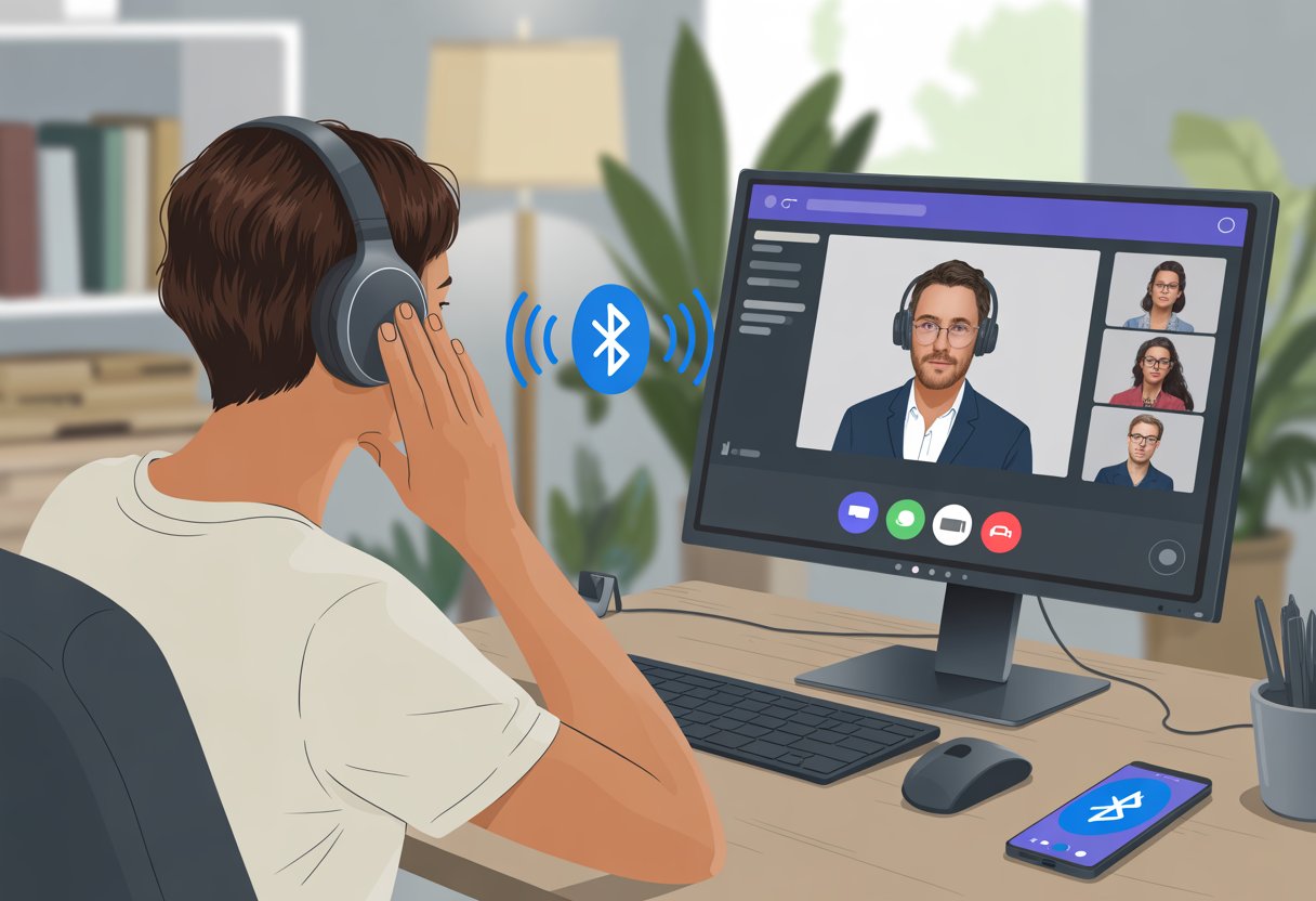Person wearing Bluetooth headphones sitting at a desk using a computer for a video call with multiple participants.