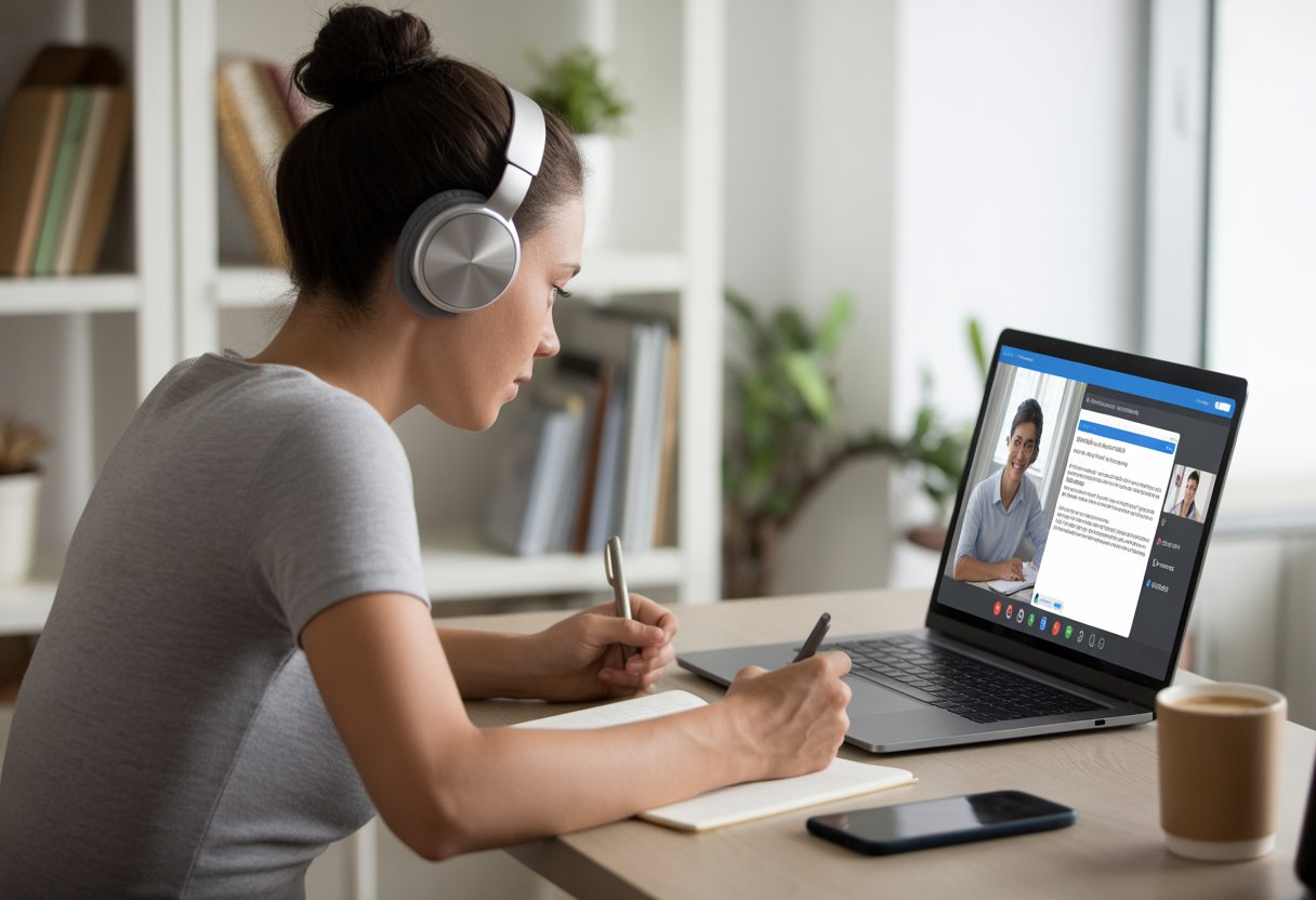 A young adult wearing Bluetooth headphones attending an online class on a laptop at a desk, taking notes with a notebook nearby.