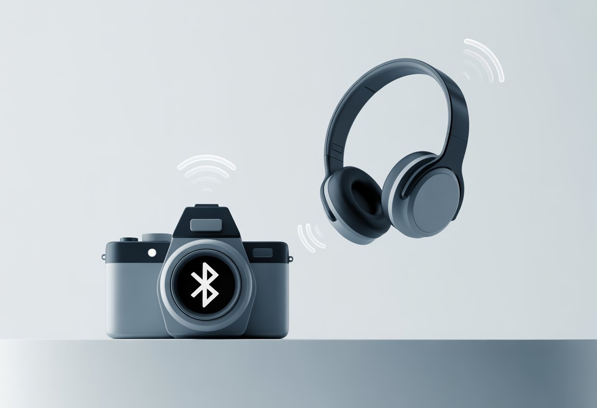 A digital camera wirelessly connected to Bluetooth headphones with signal waves between them.