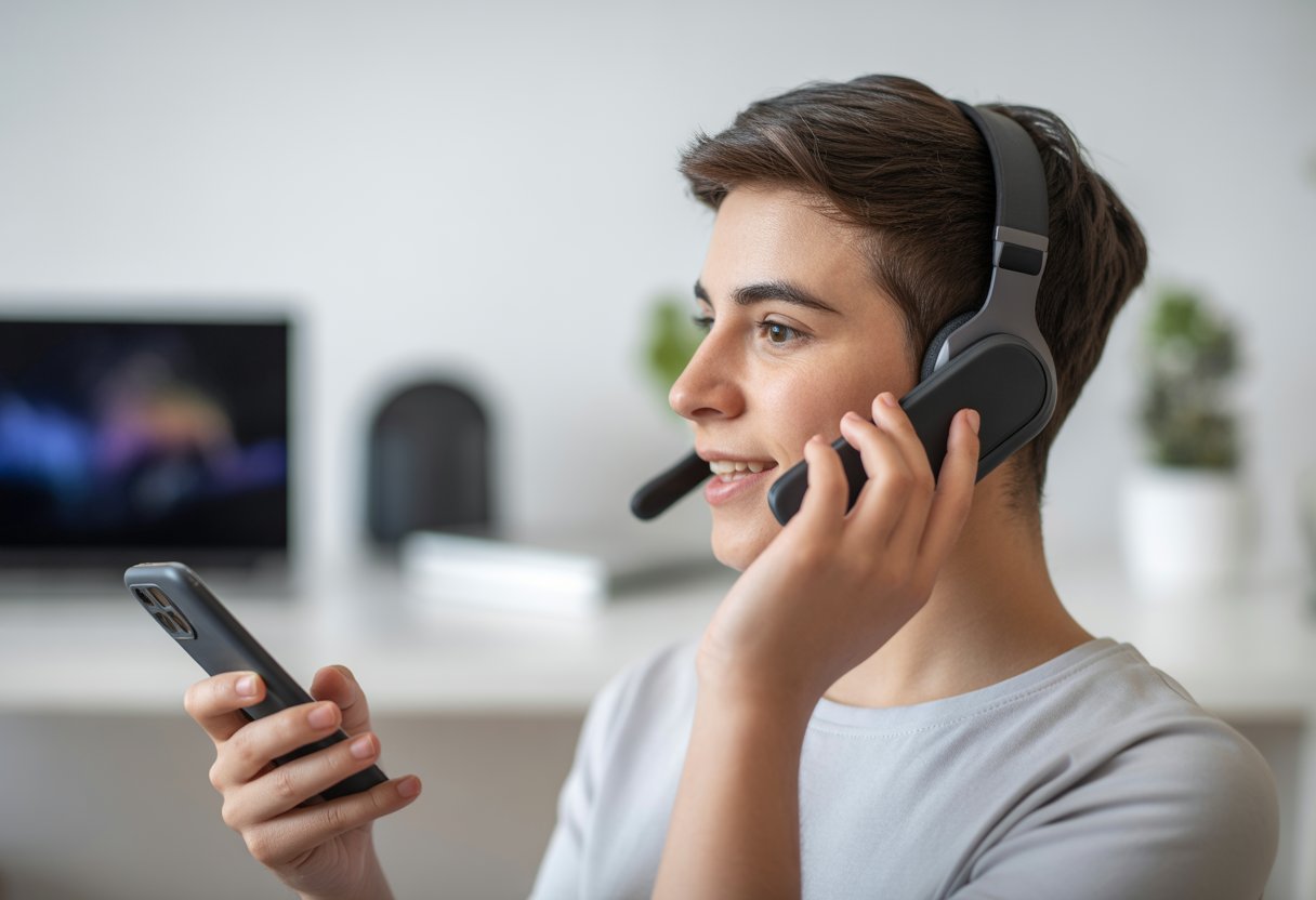 A person wearing Bluetooth headphones and holding a smartphone, engaged in a phone call in a home setting.