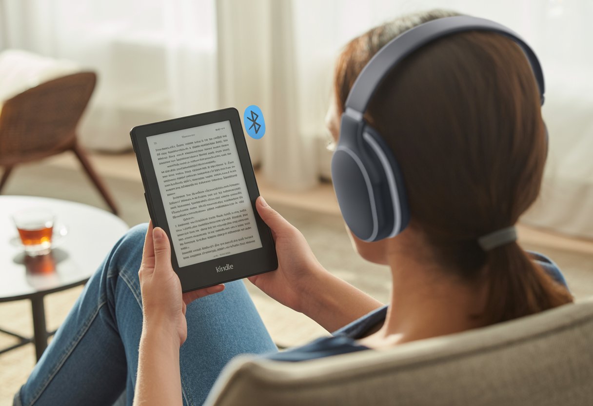 A person sitting in a living room wearing Bluetooth headphones and holding a Kindle e-reader with an open book displayed.