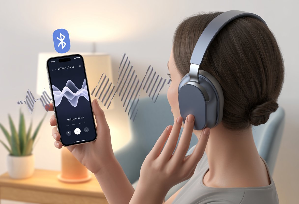 A person wearing Bluetooth headphones connected to a smartphone playing white noise, sitting comfortably in a cozy room.