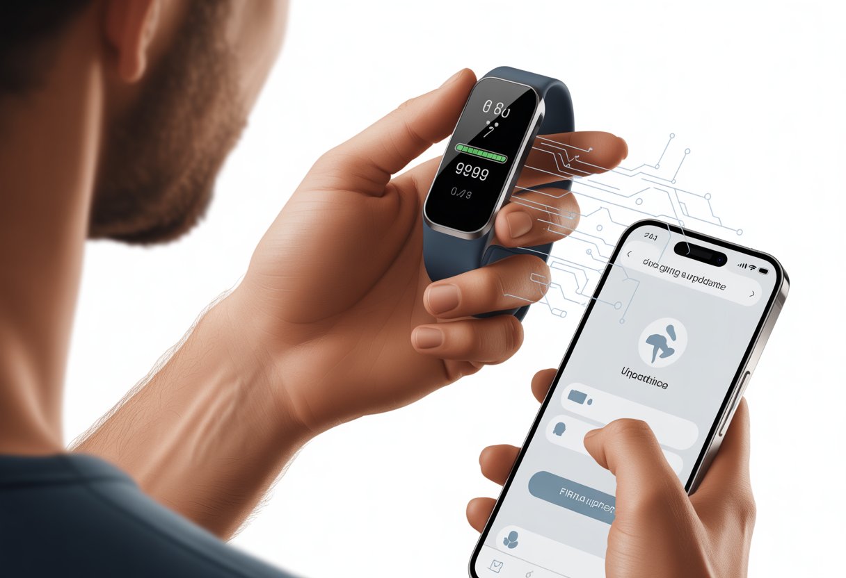 A person holding a fitness tracker with a progress bar on its screen, connected to a smartphone showing syncing status.