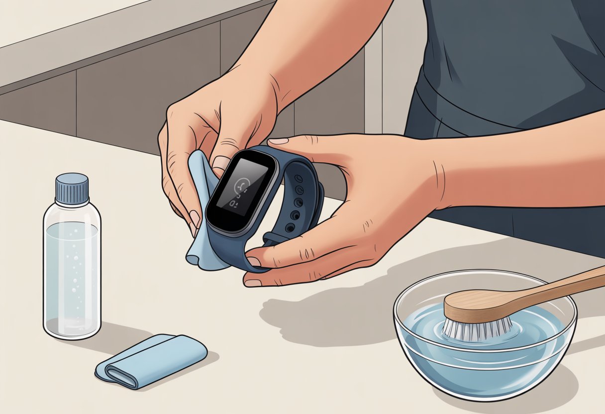 Hands cleaning a fitness tracker with a microfiber cloth next to a small bottle of cleaning solution and a bowl of water with a soft brush on a clean surface.