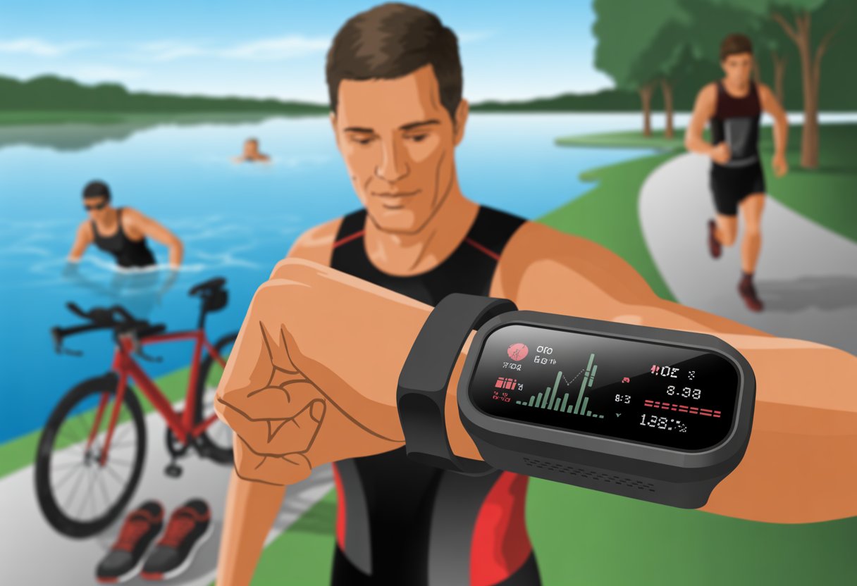 An athlete wearing a fitness tracker on his wrist stands near a lake with a bicycle and running shoes, watching the device while a swimmer and runner train in the background.