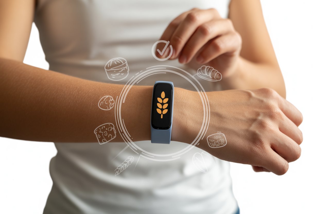 A person wearing a fitness tracker on their wrist with icons of gluten-containing foods like bread and pasta connected to the tracker.