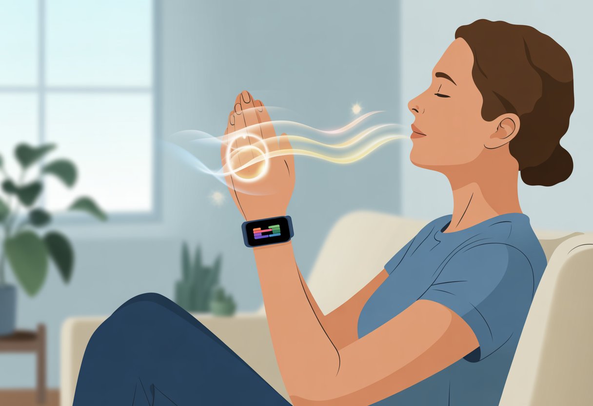 A person sitting peacefully indoors with eyes closed, wearing a fitness tracker that shows breathing exercise animations.