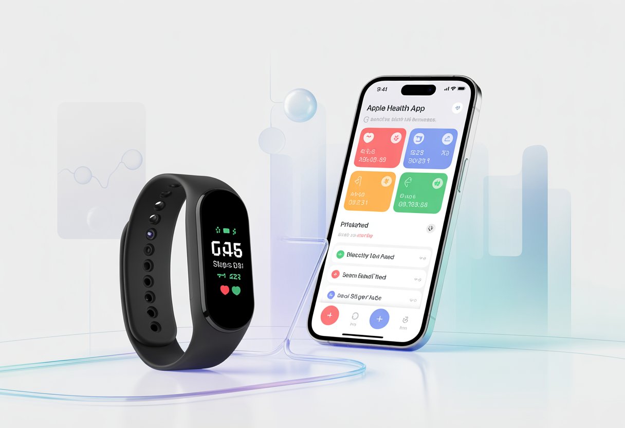A fitness tracker connected to a smartphone displaying health data on its screen.