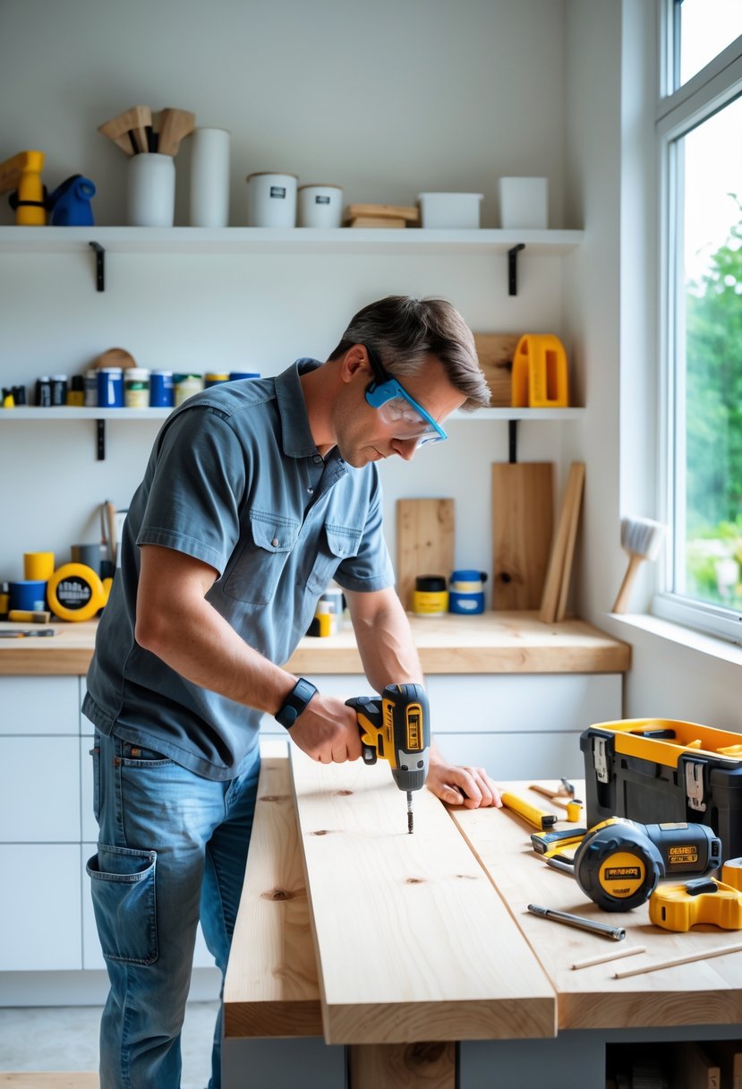 A person using a cordless drill on a wooden plank in a bright home workshop surrounded by tools and supplies.