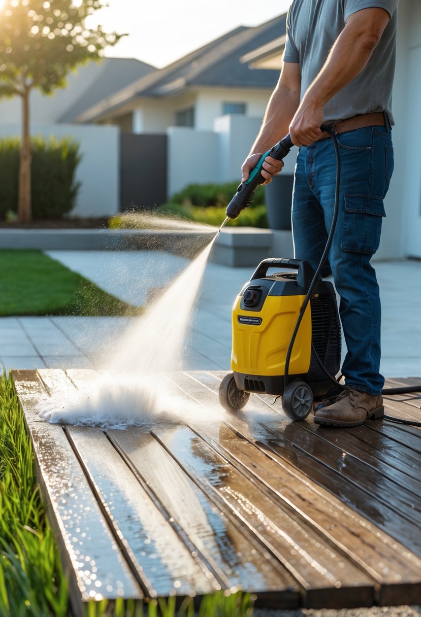 A person power washing a wooden deck in a backyard with a walkway and driveway visible.