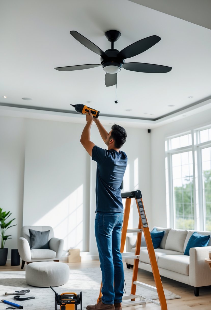Person on a ladder installing a ceiling fan in a bright living room with modern furniture.