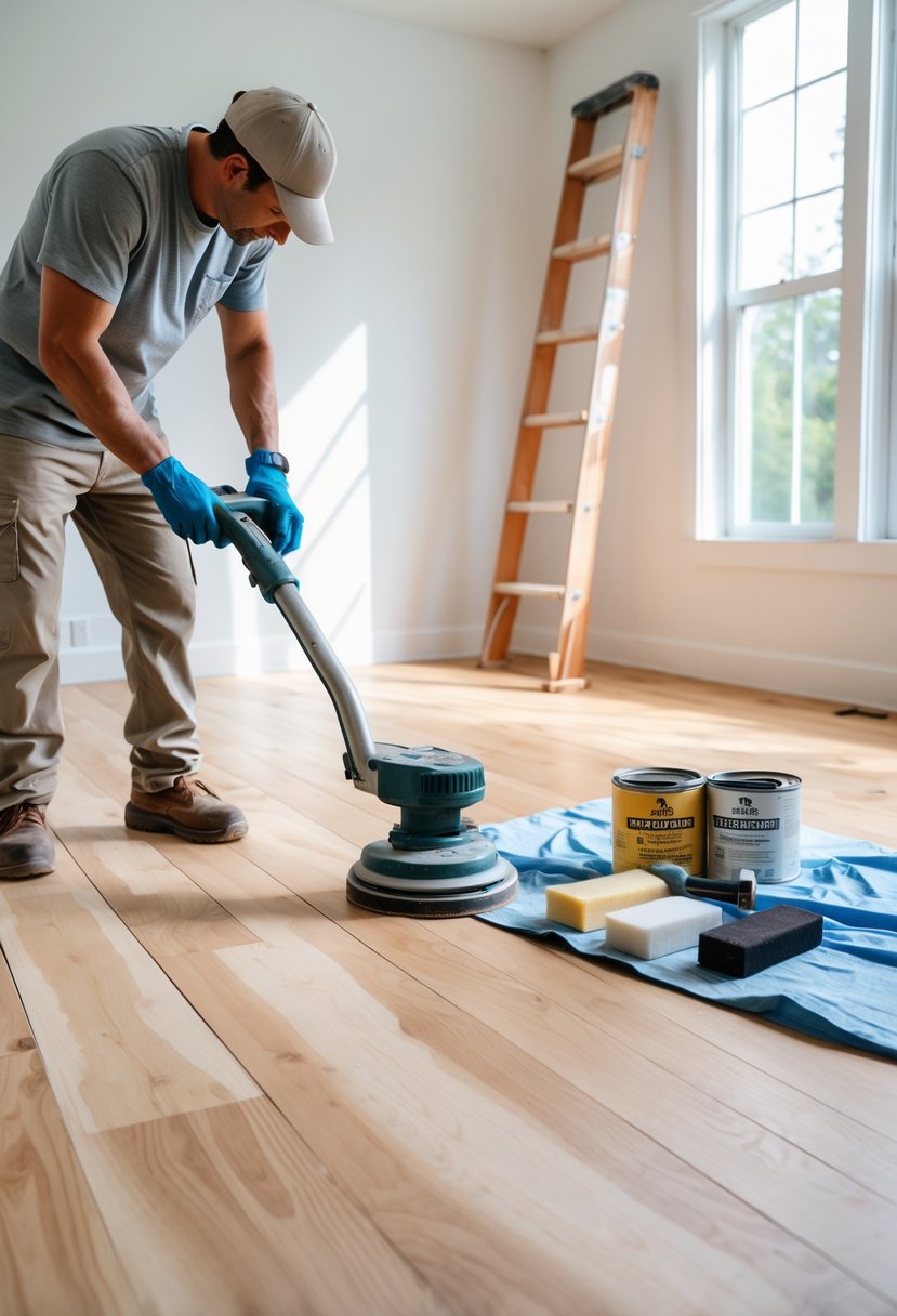 Person refinishing uncovered hardwood floors in a bright room using a floor sander with wood stain and tools nearby.