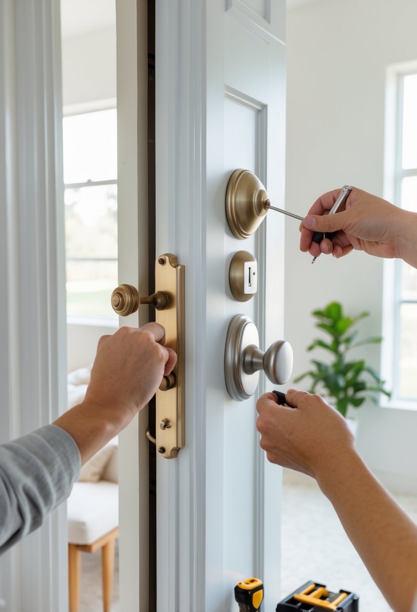 Hands replacing an old doorknob and light switch cover in a bright home interior.