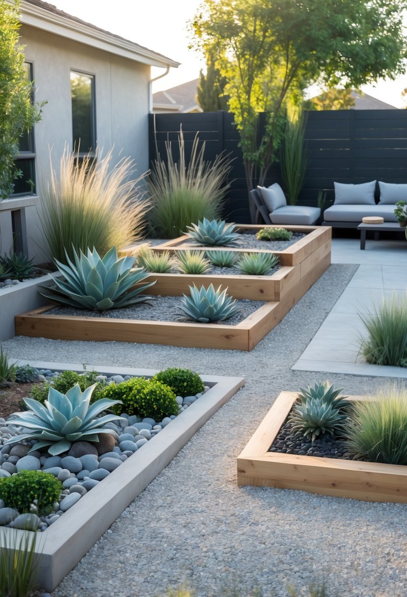 A backyard with drought-tolerant plants, gravel pathways, wooden raised garden beds, and a simple patio area with outdoor furniture.
