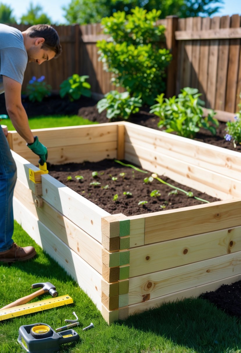 A person assembling a wooden raised garden bed in a backyard with tools nearby and green grass surrounding the area.